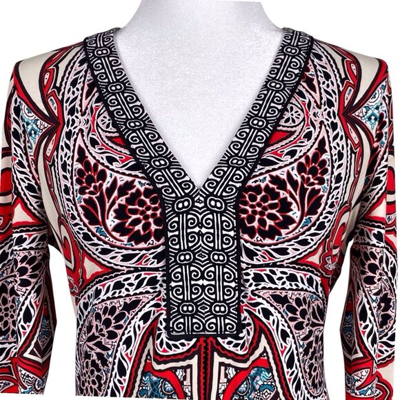 HALE BOB Paisley Jersey Shift Dress Size Medium Bohemian Long Sleeve V Neck Red - Picture 6 of 16